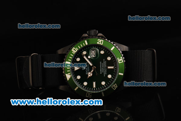 Rolex Submariner Automatic Movement PVD Case with Green Dial - Green Bezel and Black Nylon Strap - Click Image to Close